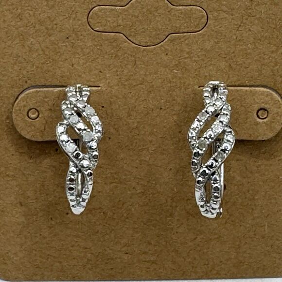 Sterling Silver Diamond Twisted Half Hoop Earrings - Picture 1 of 15